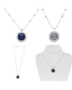Platinum Halo Necklace with Cushion Cut Sapphire Centerpiece, GIA Certified