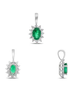 White Gold Oval Emerald Halo Pendant