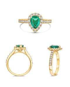 Pear-Shaped Emerald Halo Ring in Yellow Gold