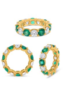 Yellow Gold Round Emerald and Diamond Eternity Ring 